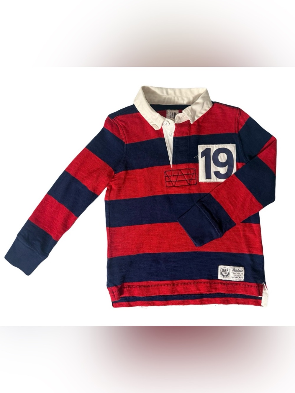 GAP Red and Navy Striped Rugby Polo with Number Patch